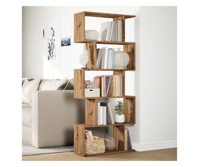 5 szintes kézműves tölgy fa elválasztó könyvespolc 70x24x161 cm