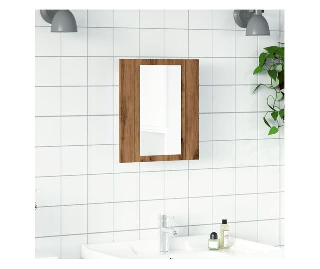 kézműves tölgy szerelt fa tükrös szekrény LED-del 40x12x45 cm