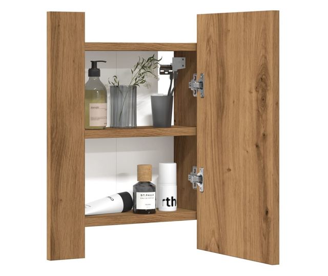 kézműves tölgy szerelt fa tükrös szekrény LED-del 40x12x45 cm