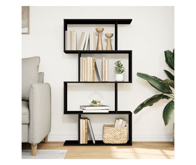 4 szintes fekete szerelt fa elválasztó könyvespolc 70x24x129 cm