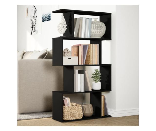 4 szintes fekete szerelt fa elválasztó könyvespolc 70x24x129 cm