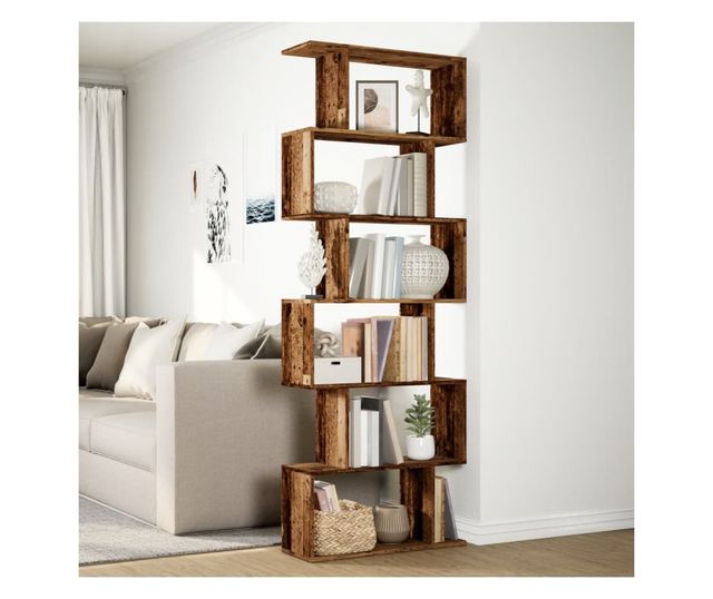 6 szintes antik fa színű fa elválasztó könyvespolc 70x24x193 cm