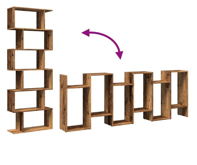 6 szintes antik fa színű fa elválasztó könyvespolc 70x24x193 cm
