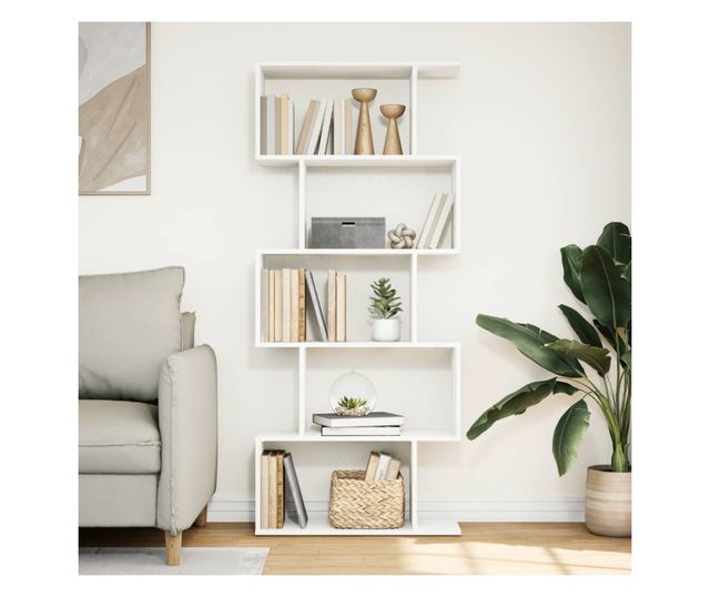 5 szintes fehér szerelt fa elválasztó könyvespolc 70x24x161 cm
