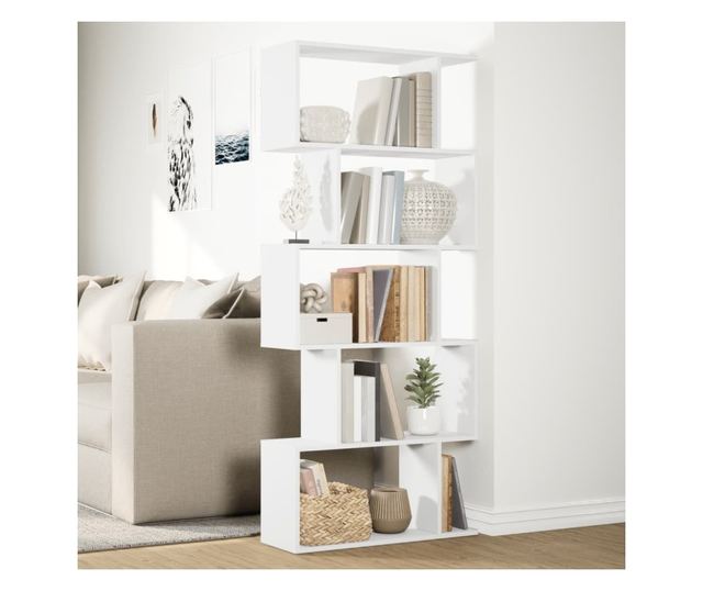 5 szintes fehér szerelt fa elválasztó könyvespolc 70x24x161 cm