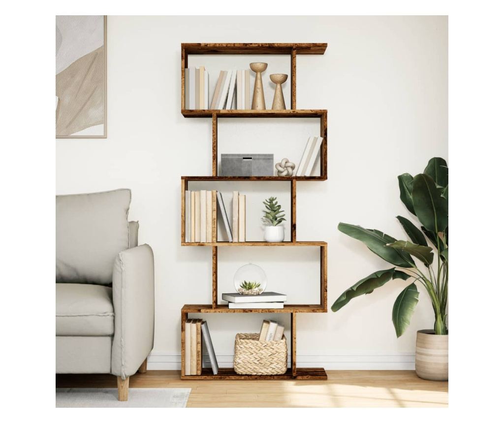 5 szintes antik fa színű fa elválasztó könyvespolc 70x24x161 cm - 3