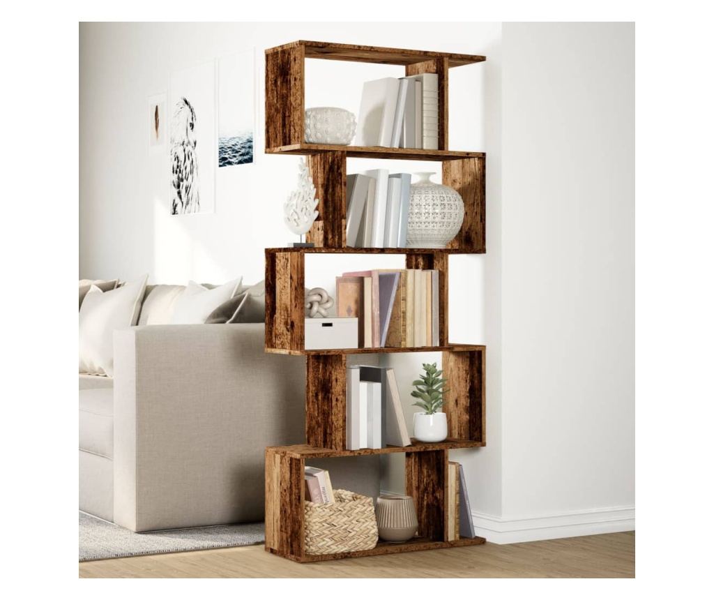 5 szintes antik fa színű fa elválasztó könyvespolc 70x24x161 cm - 4