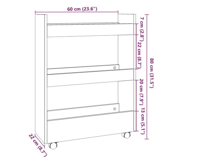 3 szintes barna tölgy színű szerelt fa keskeny tárolókocsi