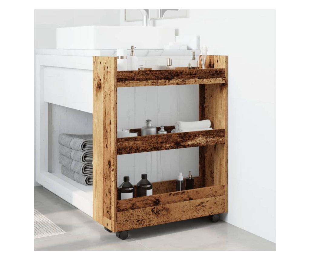 3 szintes antik fa színű szerelt fa keskeny tárolókocsi - 3