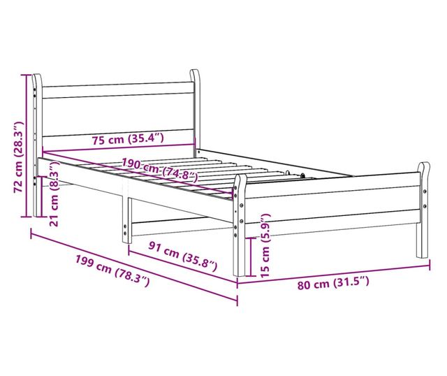 tömör fenyőfa ágy matrac nélkül 75 x 190 cm