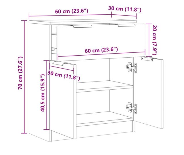 kézműves tölgy színű szerelt fa tálalószekrény 60 x 30 x 70 cm