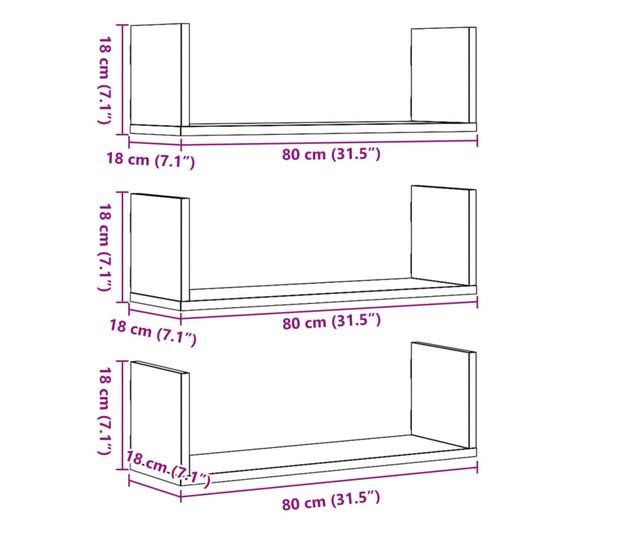 3 db antik fa színű szerelt fa fali polc 80 x 18 x 18 cm