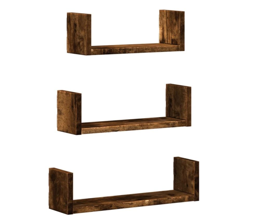 3 db füstös tölgy színű szerelt fa fali polc - 2