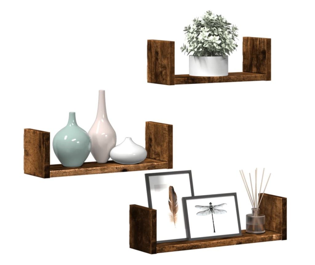 3 db füstös tölgy színű szerelt fa fali polc - 3