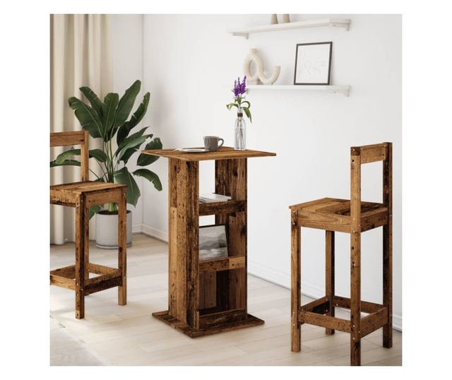 antik fa színű szerelt fa bárasztal tárolóval 60 x 60 x 102 cm