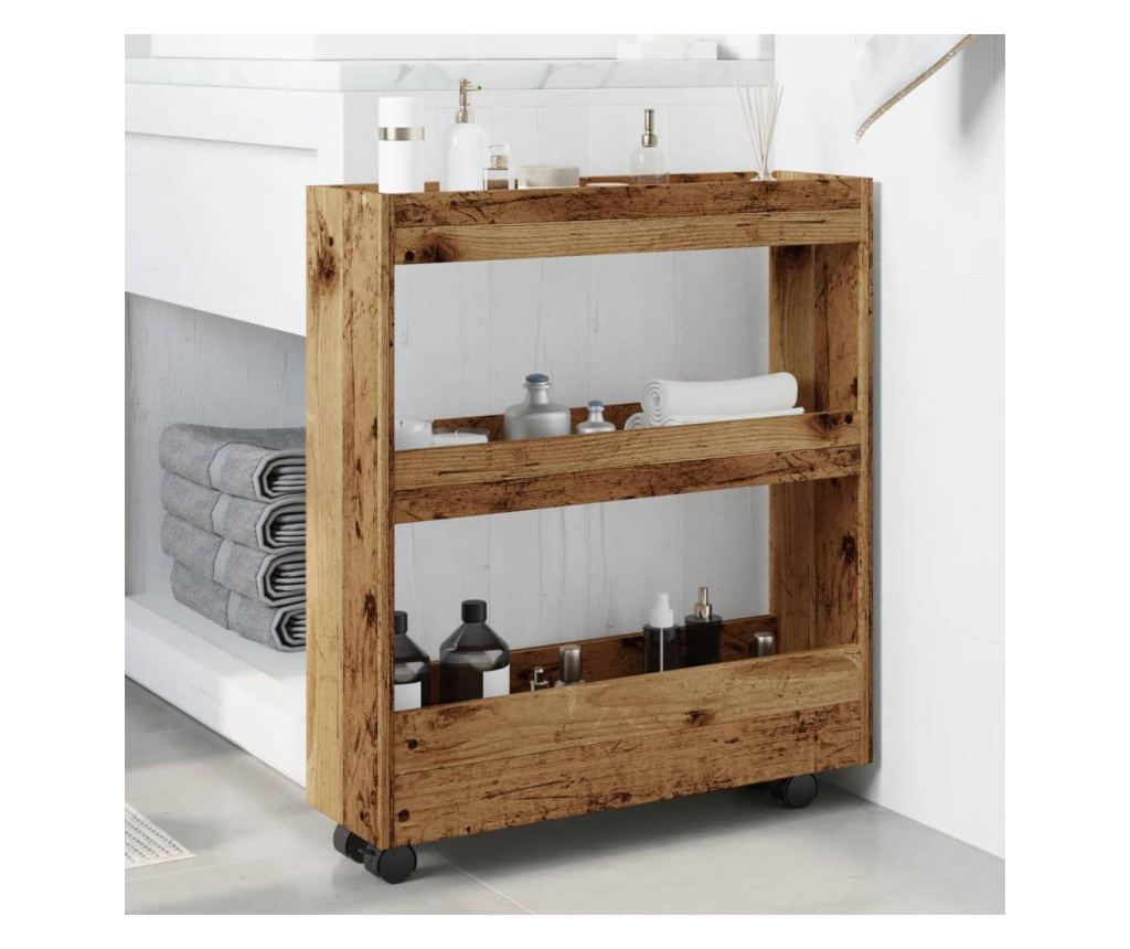 3 szintes antik fa színű szerelt fa keskeny tárolókocsi - 3