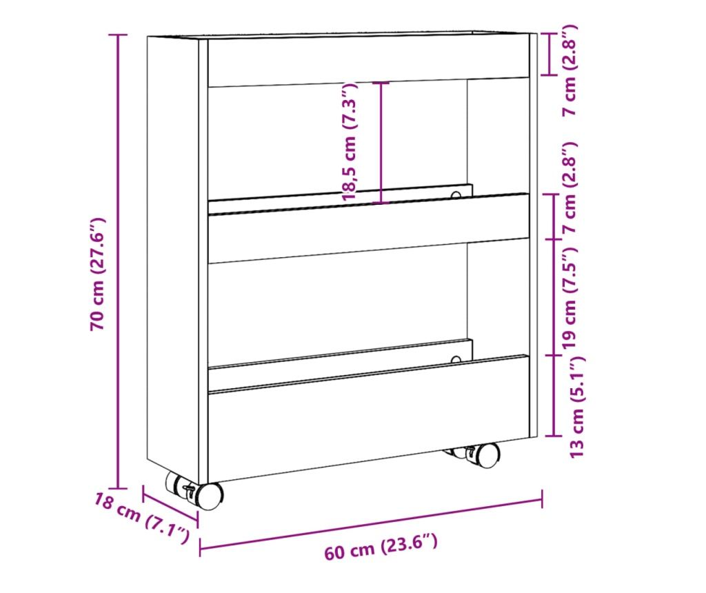 3 szintes antik fa színű szerelt fa keskeny tárolókocsi - 9