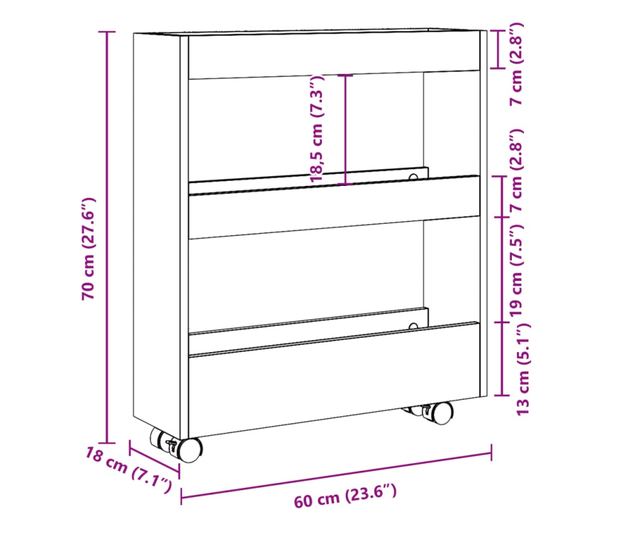 3 szintes sonoma tölgy színű szerelt fa keskeny tárolókocsi