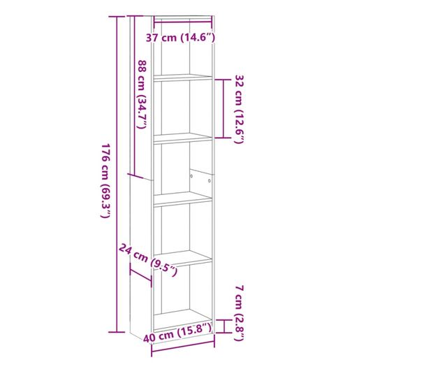 szürke sonoma színű szerelt fa könyvespolc 40 x 24 x 176 cm