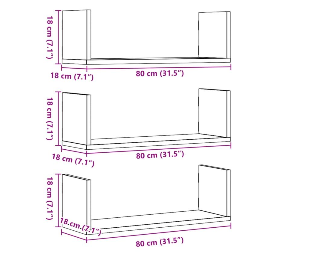 3 db szürke sonoma színű szerelt fa fali polc 80 x 18 x 18 cm - 10