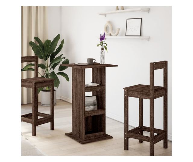 barna tölgy színű szerelt fa bárasztal tárolóval 60x60x102 cm