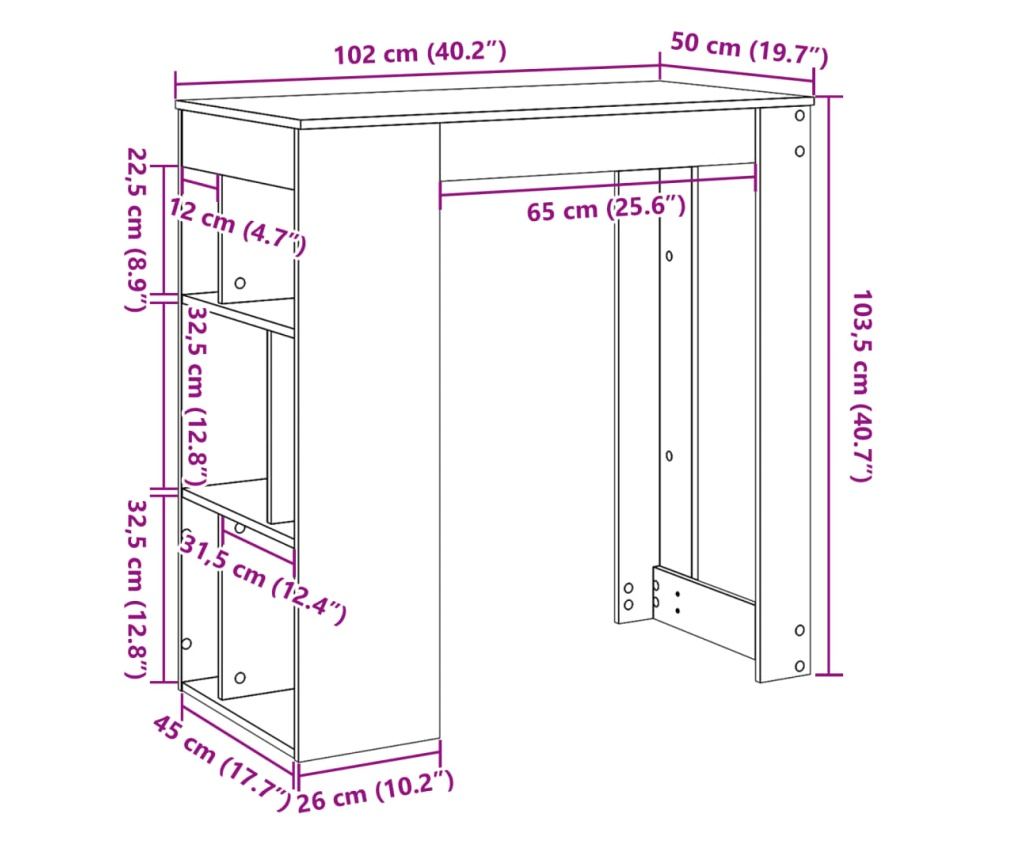 kézműves tölgy szerelt fa bárasztal tárolókkal 102x50x103,5 cm - 9