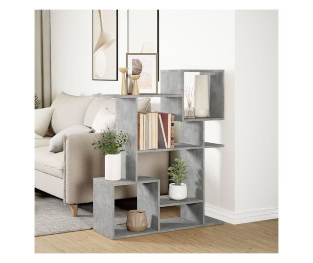 betonszürke szerelt fa elválasztó könyvespolc 92x29x112 cm