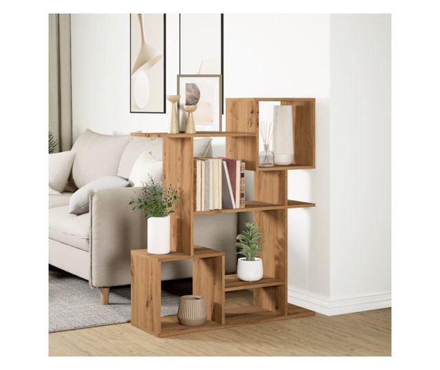 kézműves tölgy színű fa elválasztó könyvespolc 92x29x112 cm