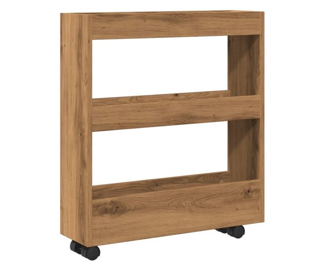 3 szintes kézműves tölgy színű szerelt fa keskeny tárolókocsi