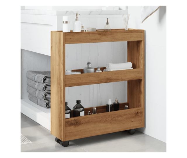 3 szintes kézműves tölgy színű szerelt fa keskeny tárolókocsi