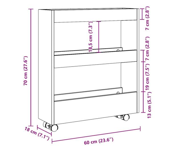 3 szintes kézműves tölgy színű szerelt fa keskeny tárolókocsi