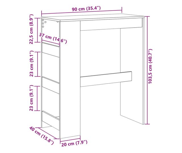 fekete szerelt fa tárolórekeszes bárasztal 90 x 40 x 103,5 cm