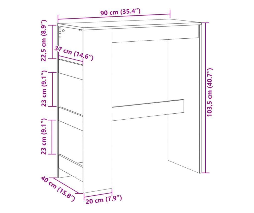 kézműves tölgy szerelt fa bárasztal tárolókkal 90x40x103,5 cm - 9