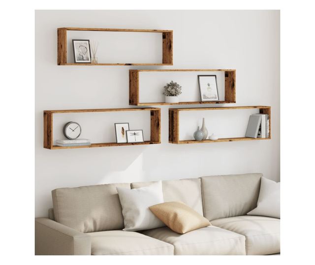 4 db antik fa színű szerelt fa fali kockapolc 100 x 15 x 30 cm