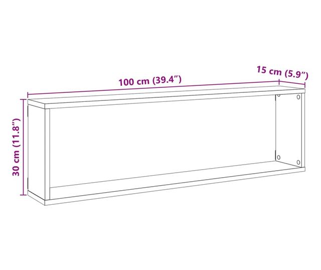 4 db antik fa színű szerelt fa fali kockapolc 100 x 15 x 30 cm