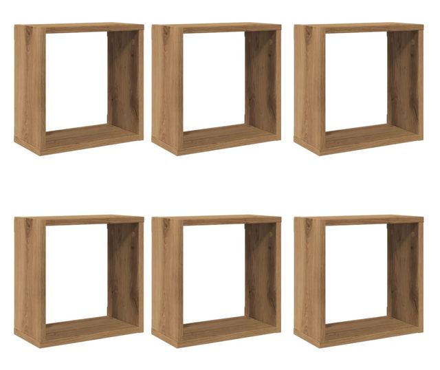 6 db kézműves tölgyszínű szerelt fa fali kockapolc 30x15x30 cm