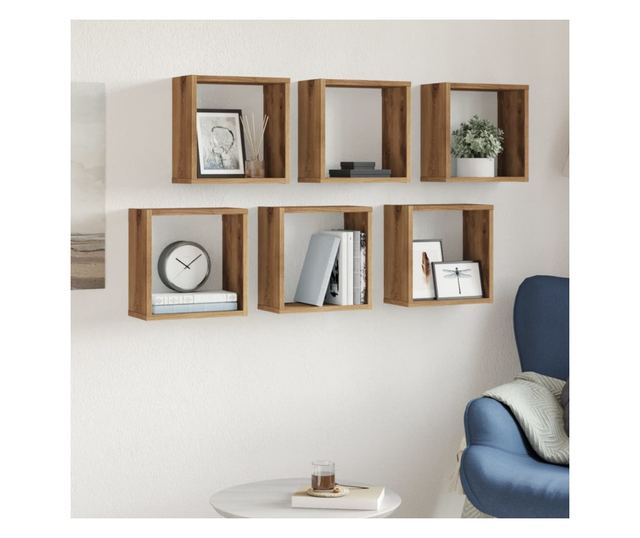 6 db kézműves tölgyszínű szerelt fa fali kockapolc 30x15x30 cm
