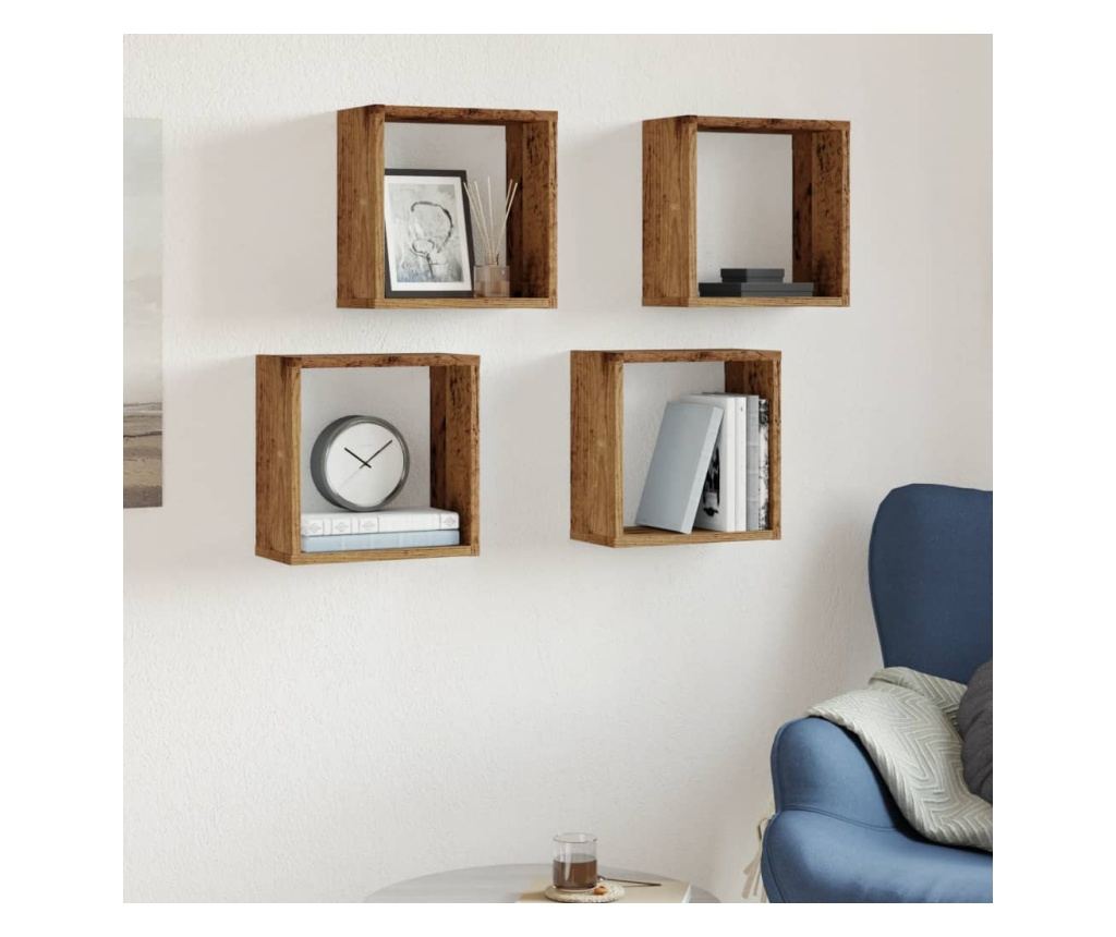4 db antik fa színű szerelt fa fali kockapolc 30x15x30 cm - 3