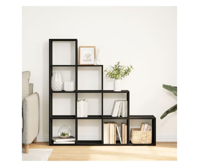4 szintes fekete fa térelválasztó könyvespolc 131,5x29x131,5 cm