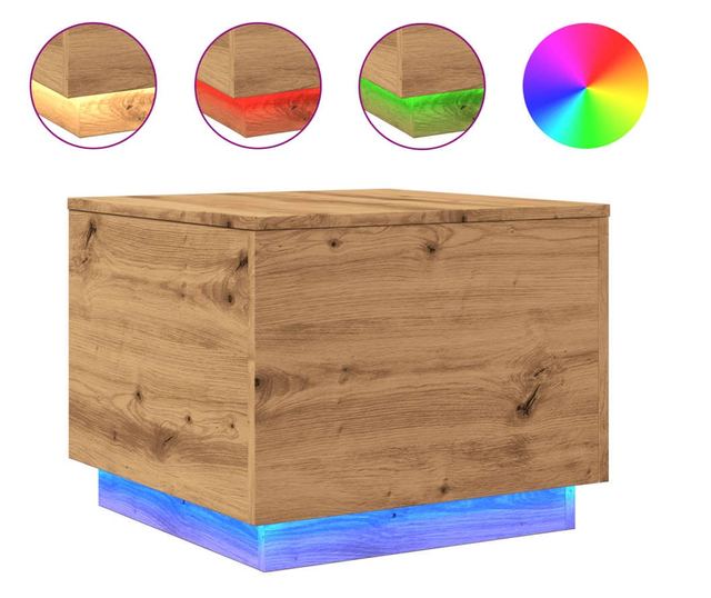 kézműves tölgy színű dohányzóasztal LED-lámpákkal 50x50x40cm