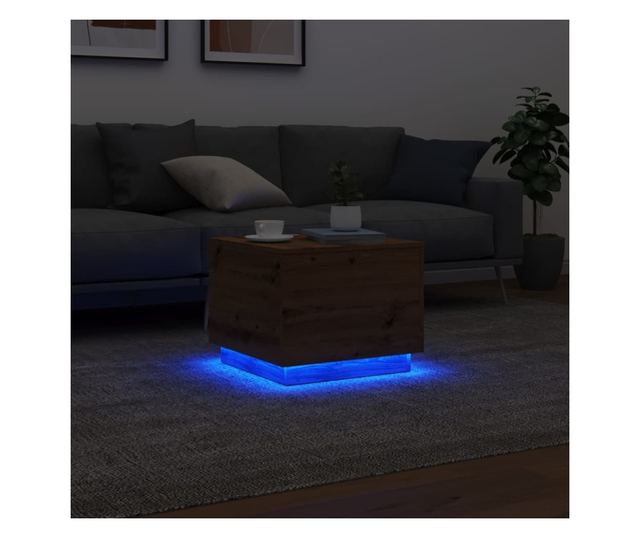 kézműves tölgy színű dohányzóasztal LED-lámpákkal 50x50x40cm