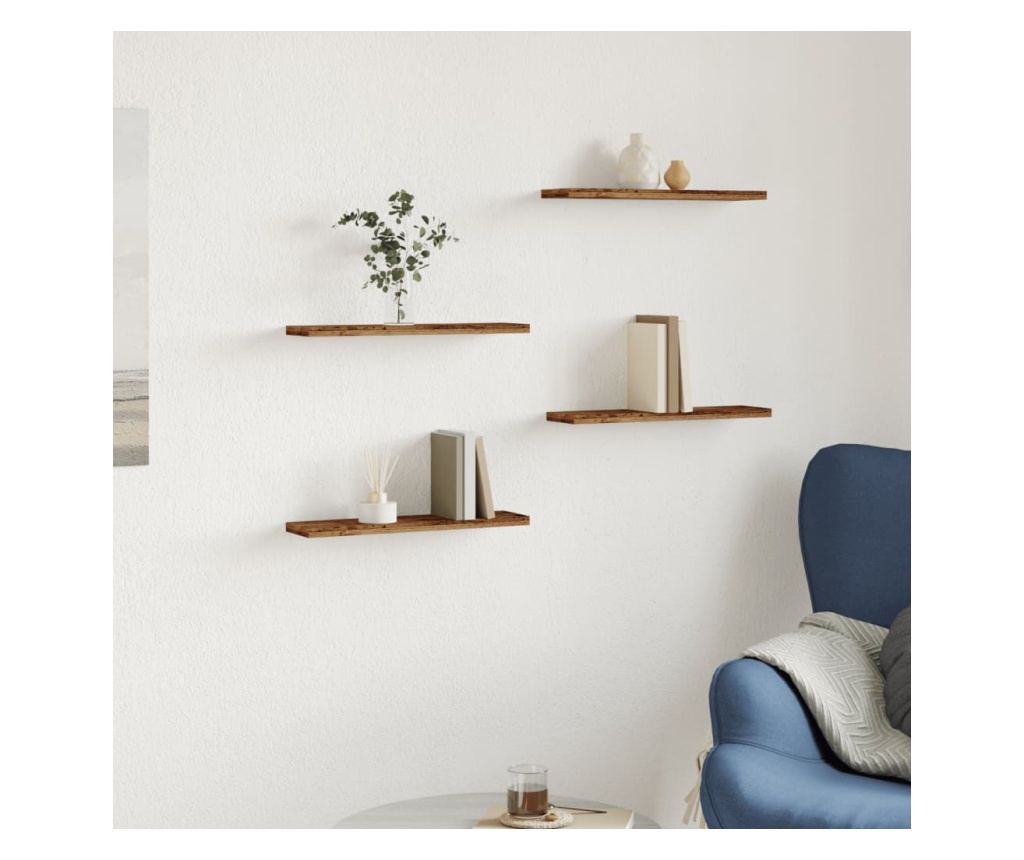 4 db antik fa színű szerelt fa fali polc 40 x 10 x 1,5 cm - 3