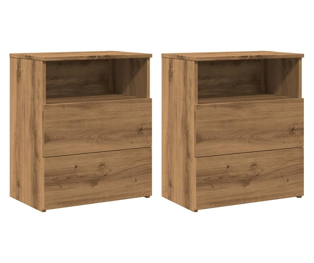 2 db kézműves tölgy színű szerelt fa éjjeliszekrény 50x32x60 cm - 2