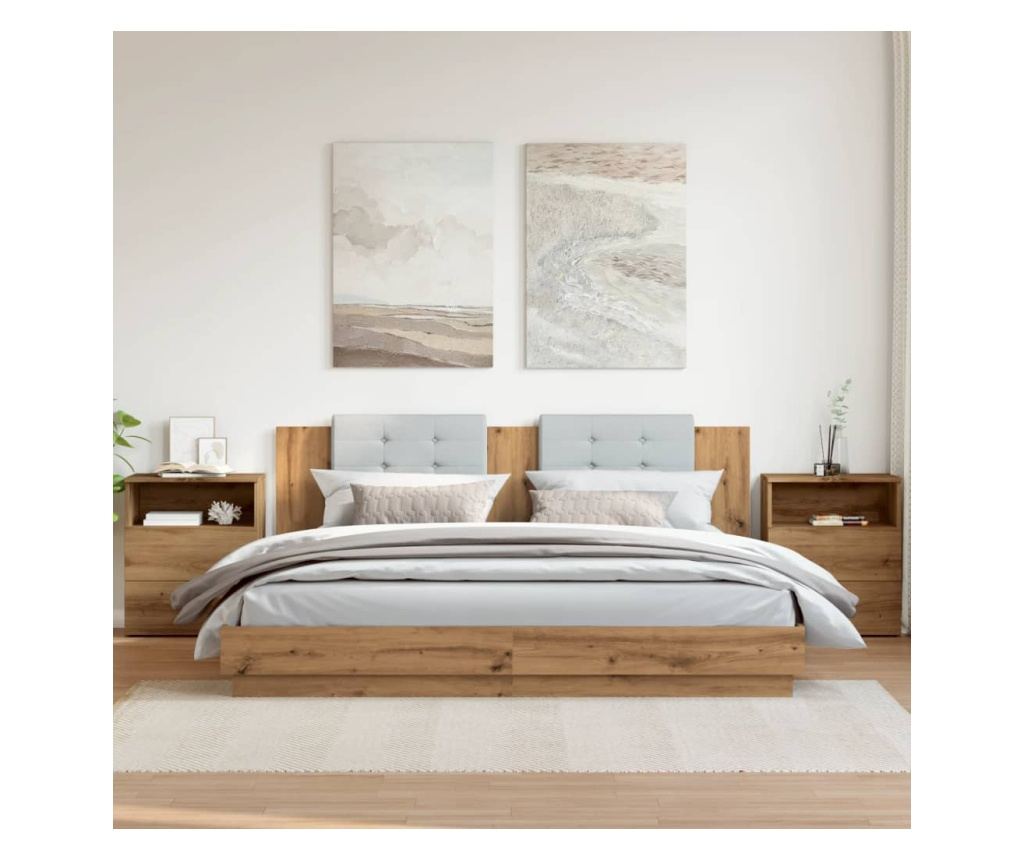 2 db kézműves tölgy színű szerelt fa éjjeliszekrény 50x32x60 cm - 3