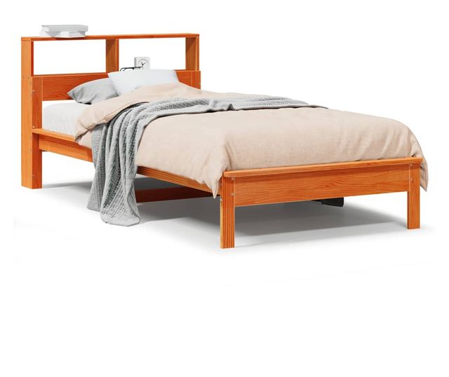 barna tömör fenyőfa könyvespolcos ágy matrac nélkül 100 x 200cm