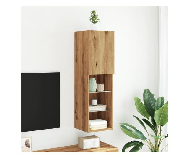 kézműves tölgy színű TV-szekrény LED-lámpákkal 30,5x30x102 cm