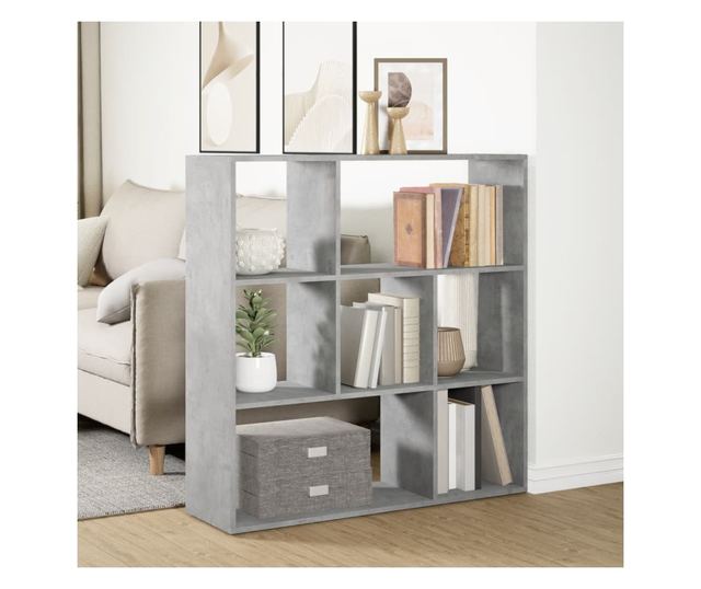 betonszürke szerelt fa elválasztó könyvespolc 102x29x103,5 cm