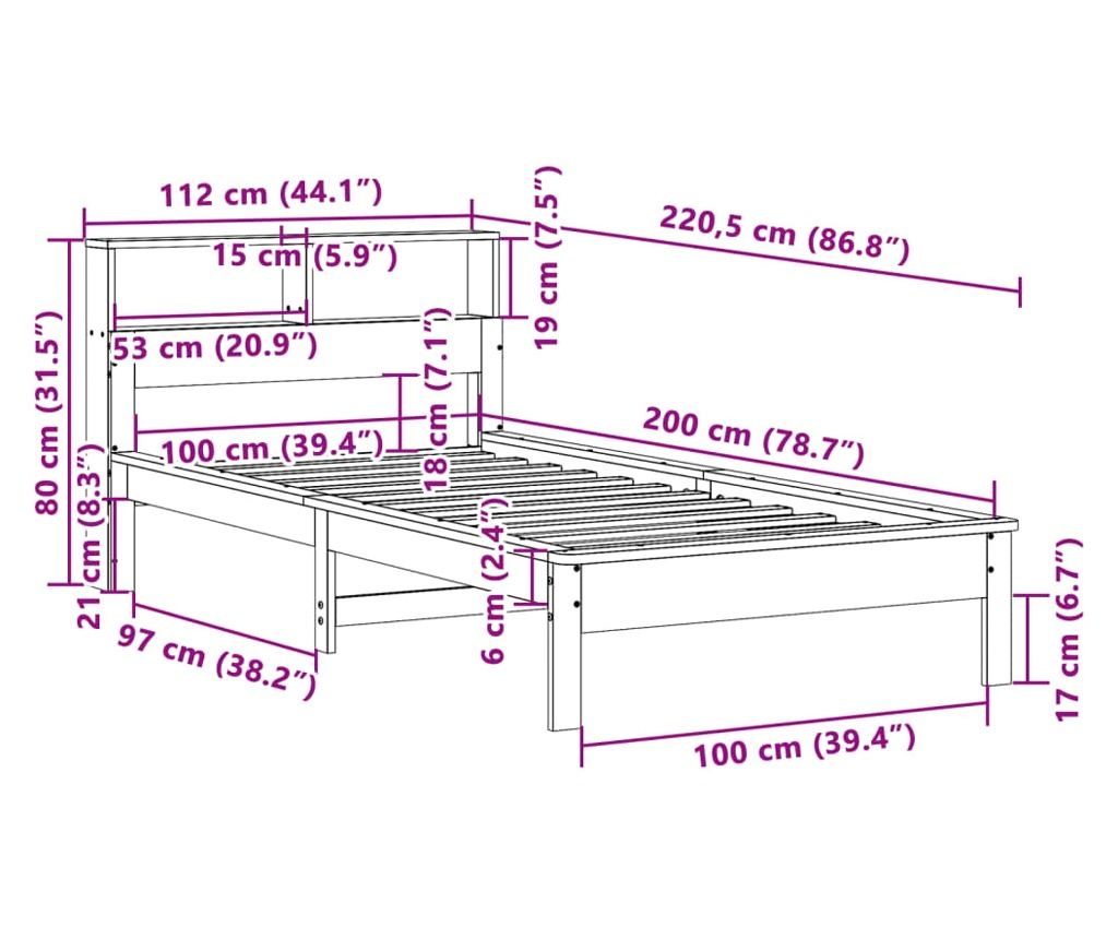 fehér tömör fenyőfa könyvespolcos ágy matrac nélkül 100x200 cm - 9