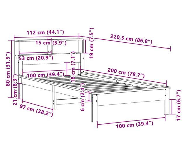 barna tömör fenyőfa könyvespolcos ágy matrac nélkül 100 x 200cm