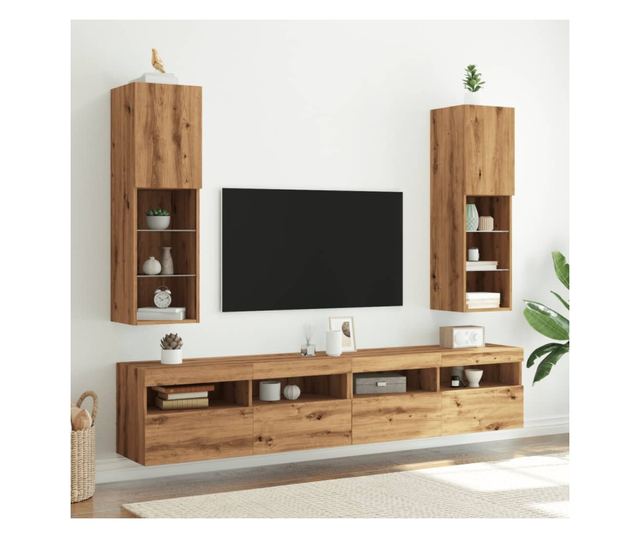 2 db kézműves tölgy TV-szekrény LED-lámpákkal 30,5x30x102 cm